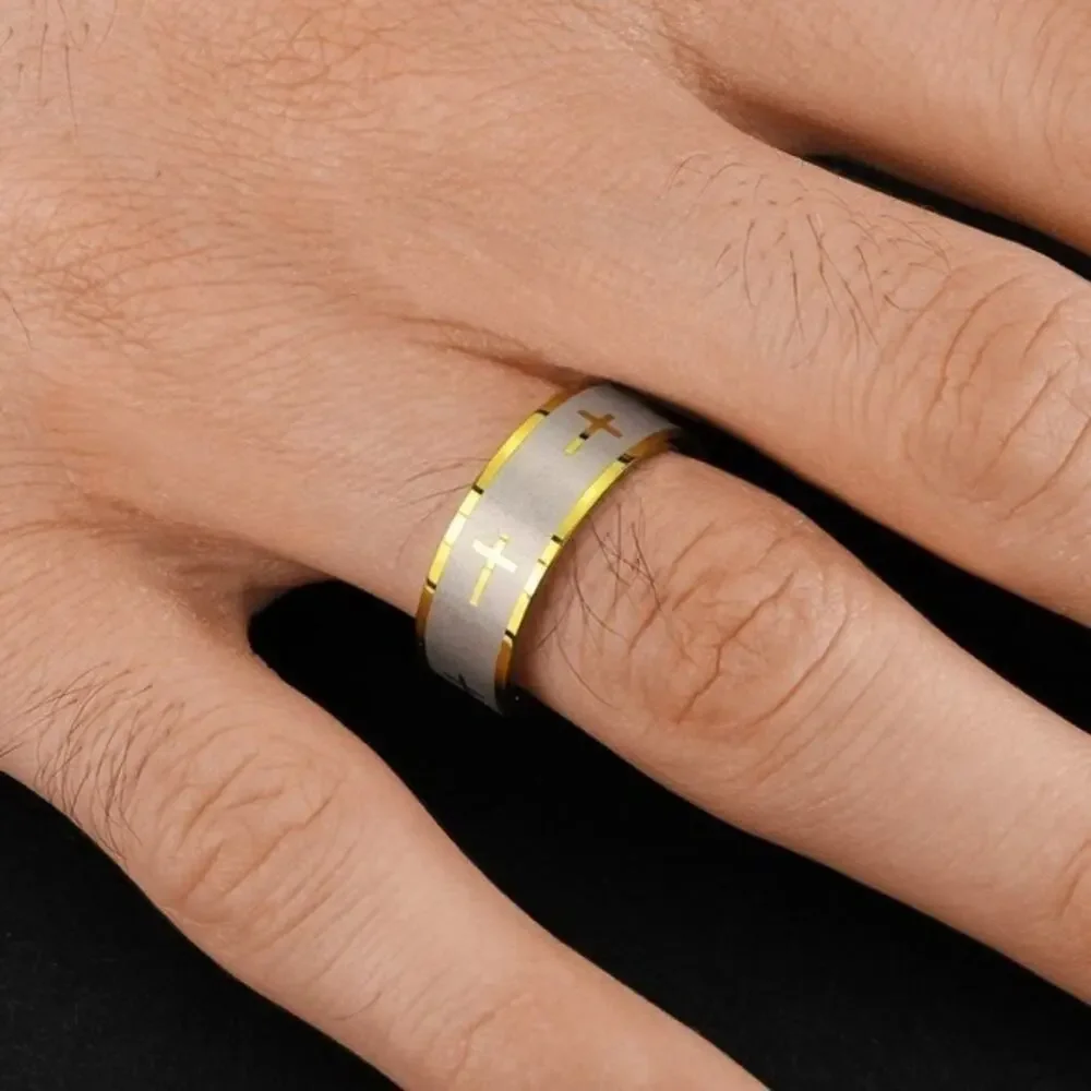 NWOT Gold Cross with Brush center and Gold Edge Stainless‎ Steel Ring size 13
